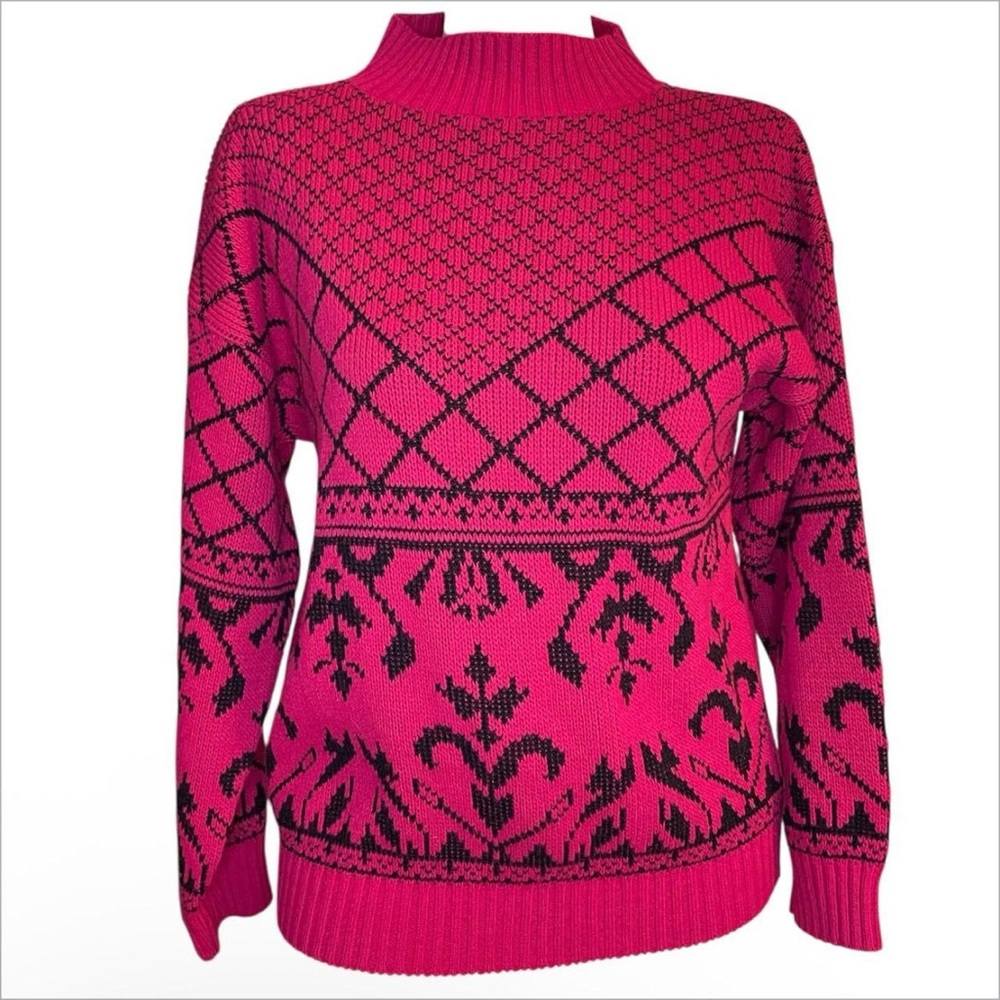 Vintage Lauren Knitwear Pink and Black Patterned Mock Neck Sweater